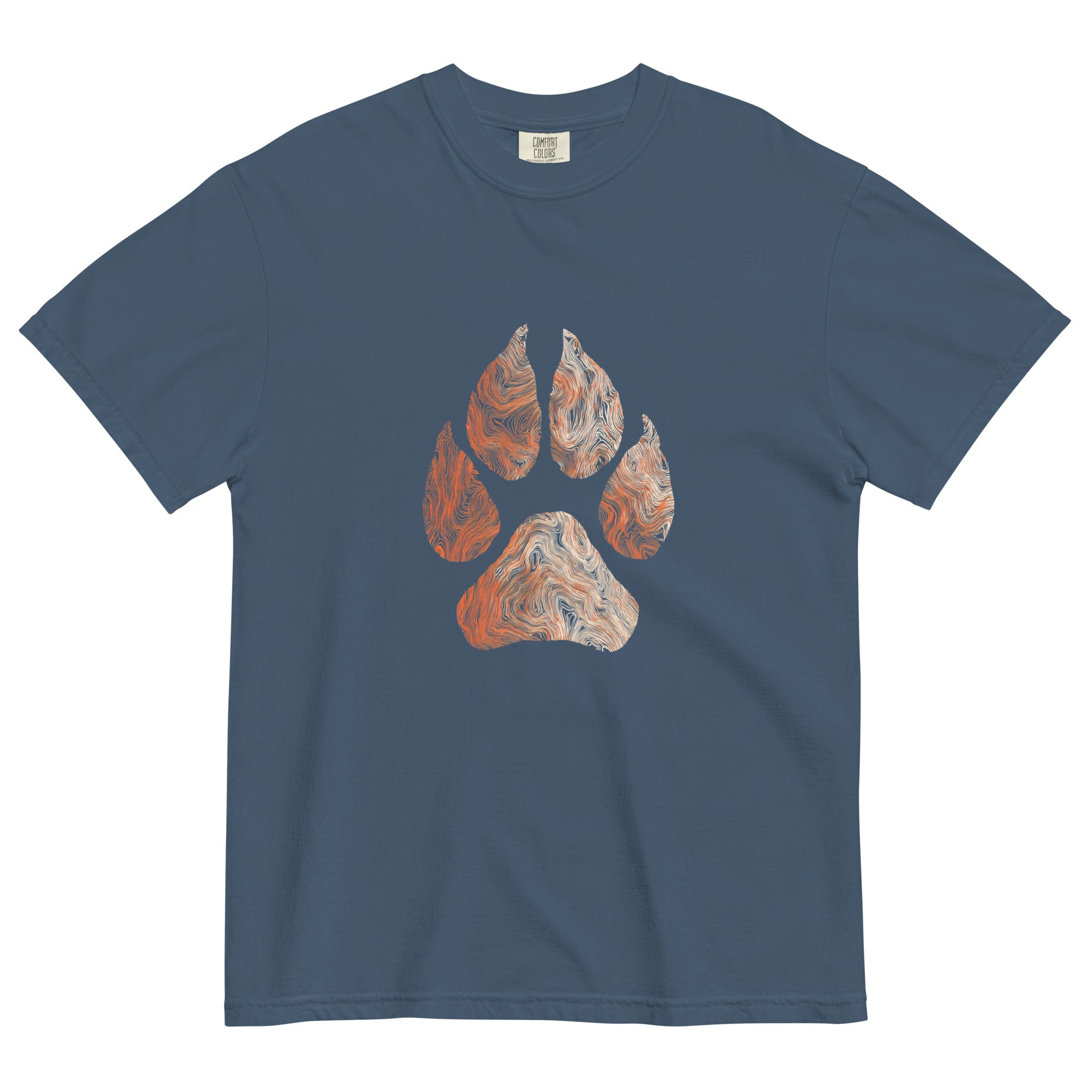 Wolf paw topographic design on a Midnight garment-dyed cotton t-shirt