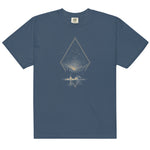 Camping under the stars design on a Midnight garment-dyed cotton t-shirt