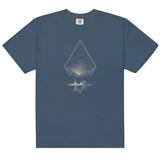 Camping under the stars design on a Midnight garment-dyed cotton t-shirt