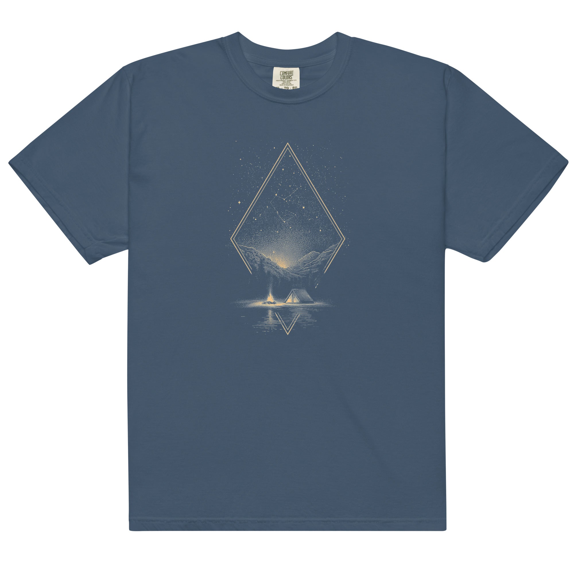 Camping under the stars design on a Midnight garment-dyed cotton t-shirt