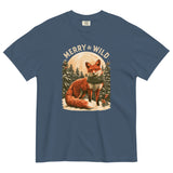 Fox in the snow Christmas design on a Midnight garment-dyed cotton t-shirt