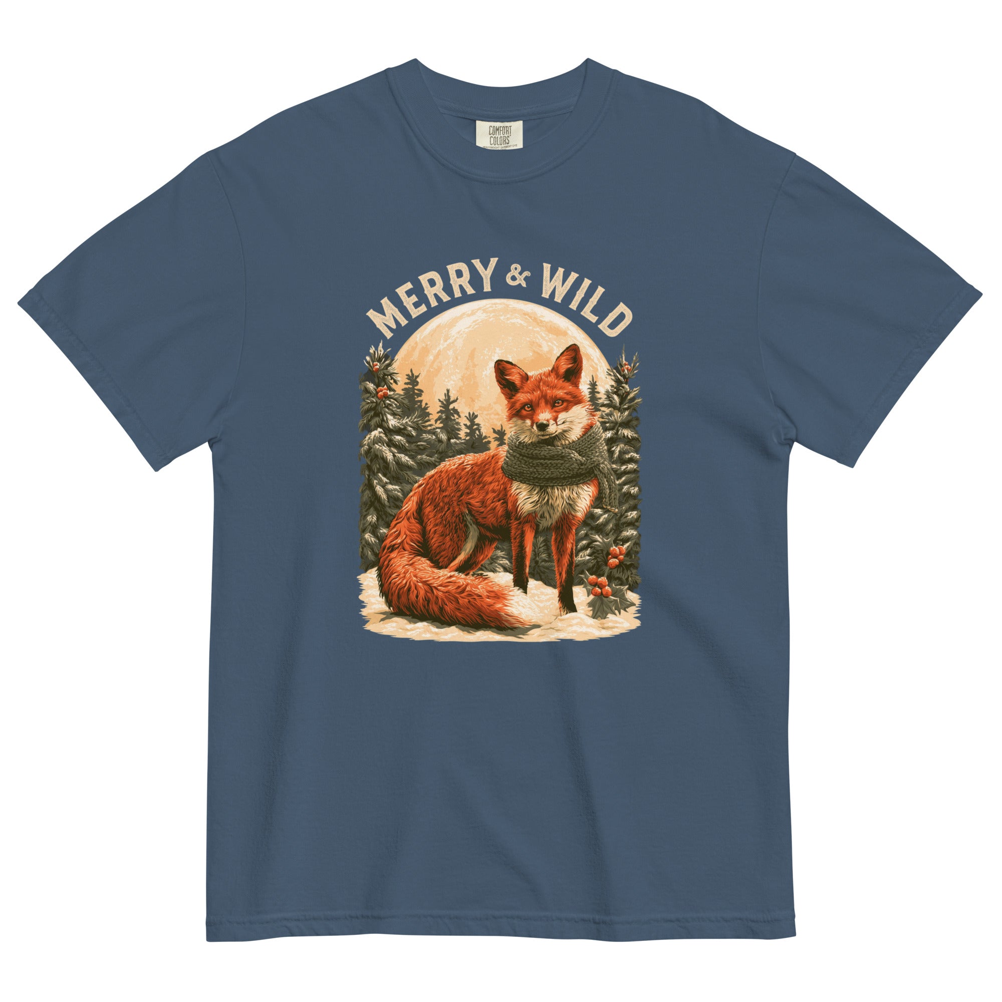 Fox in the snow Christmas design on a Midnight garment-dyed cotton t-shirt