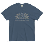 Nocturnal Botanics fern and flower design on a Midnight garment-dyed cotton t-shirt