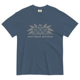 Nocturnal Botanics fern and flower design on a Midnight garment-dyed cotton t-shirt