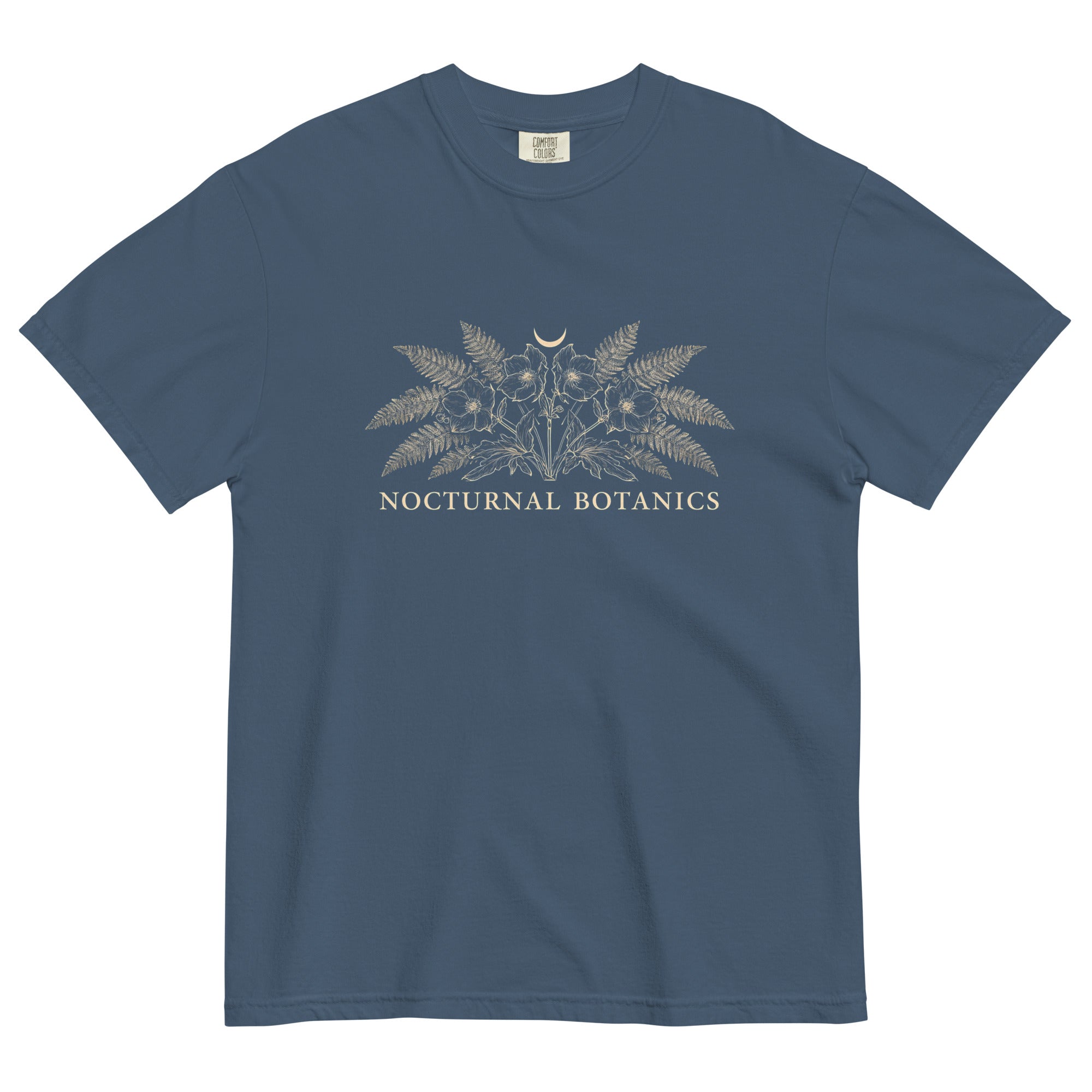 Nocturnal Botanics fern and flower design on a Midnight garment-dyed cotton t-shirt