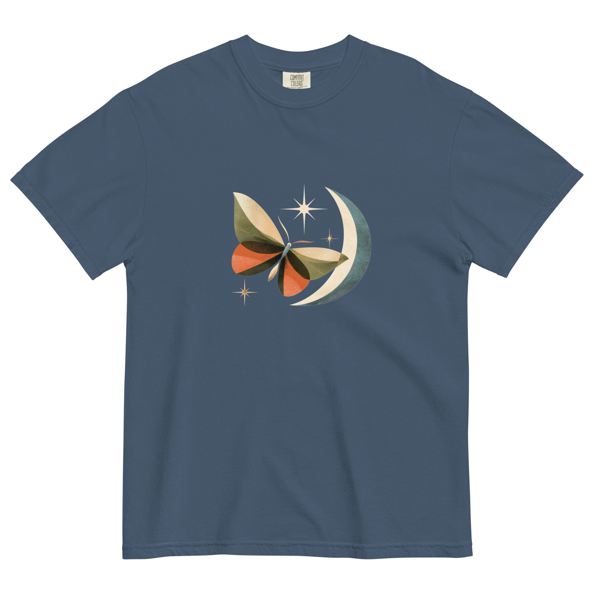Butterfly and crescent moon design on a Midnight garment-dyed cotton t-shirt