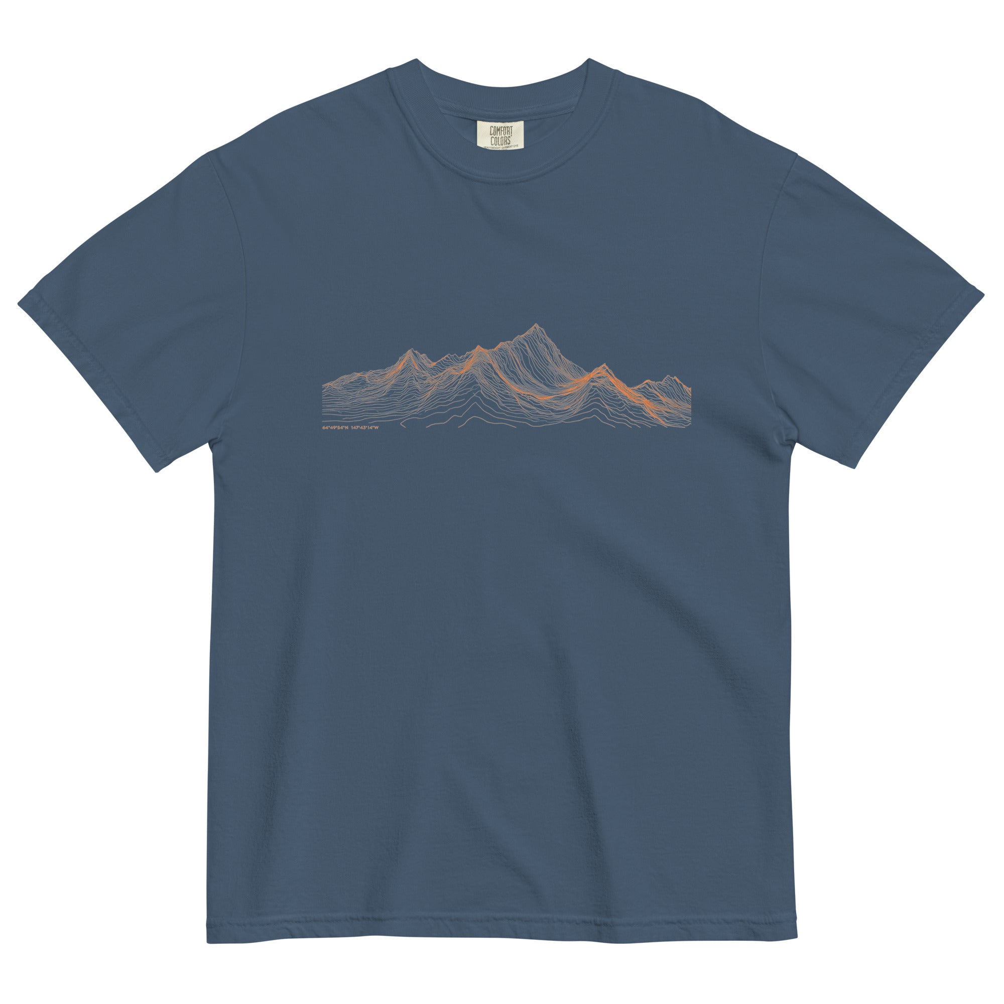 Mountain range topographic design on a Midnight garment-dyed cotton t-shirt