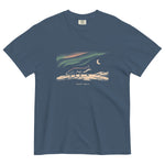 Fox and northern lights design on a Midnight garment-dyed cotton t-shirt