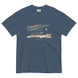 Fox and northern lights design on a Midnight garment-dyed cotton t-shirt