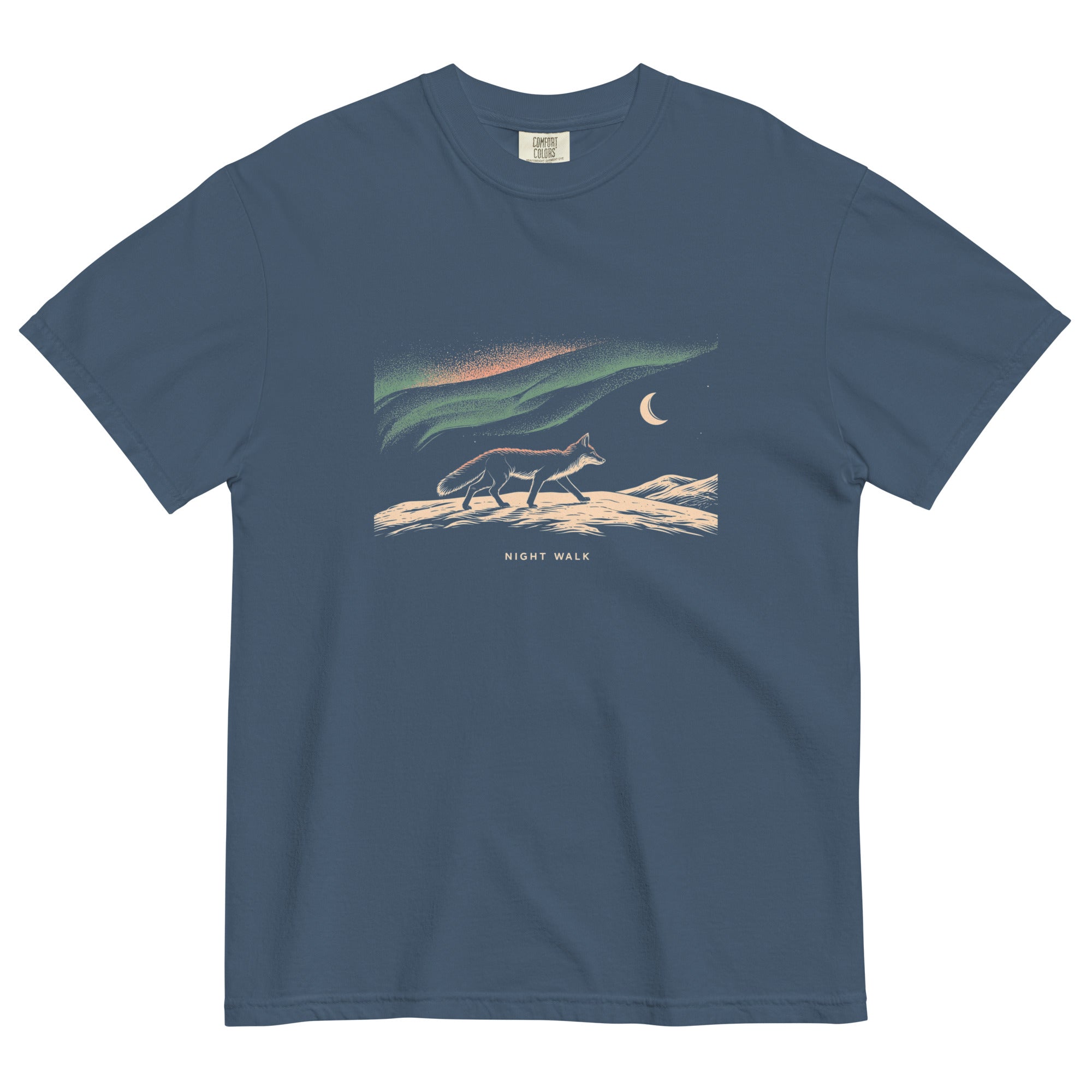 Fox and northern lights design on a Midnight garment-dyed cotton t-shirt