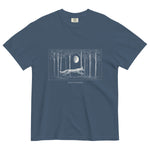 Running fox moonlit forest design on a Midnight garment-dyed cotton t-shirt