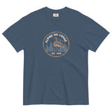 Alpine ski lodge gondola badge design on a Midnight garment-dyed cotton t-shirt