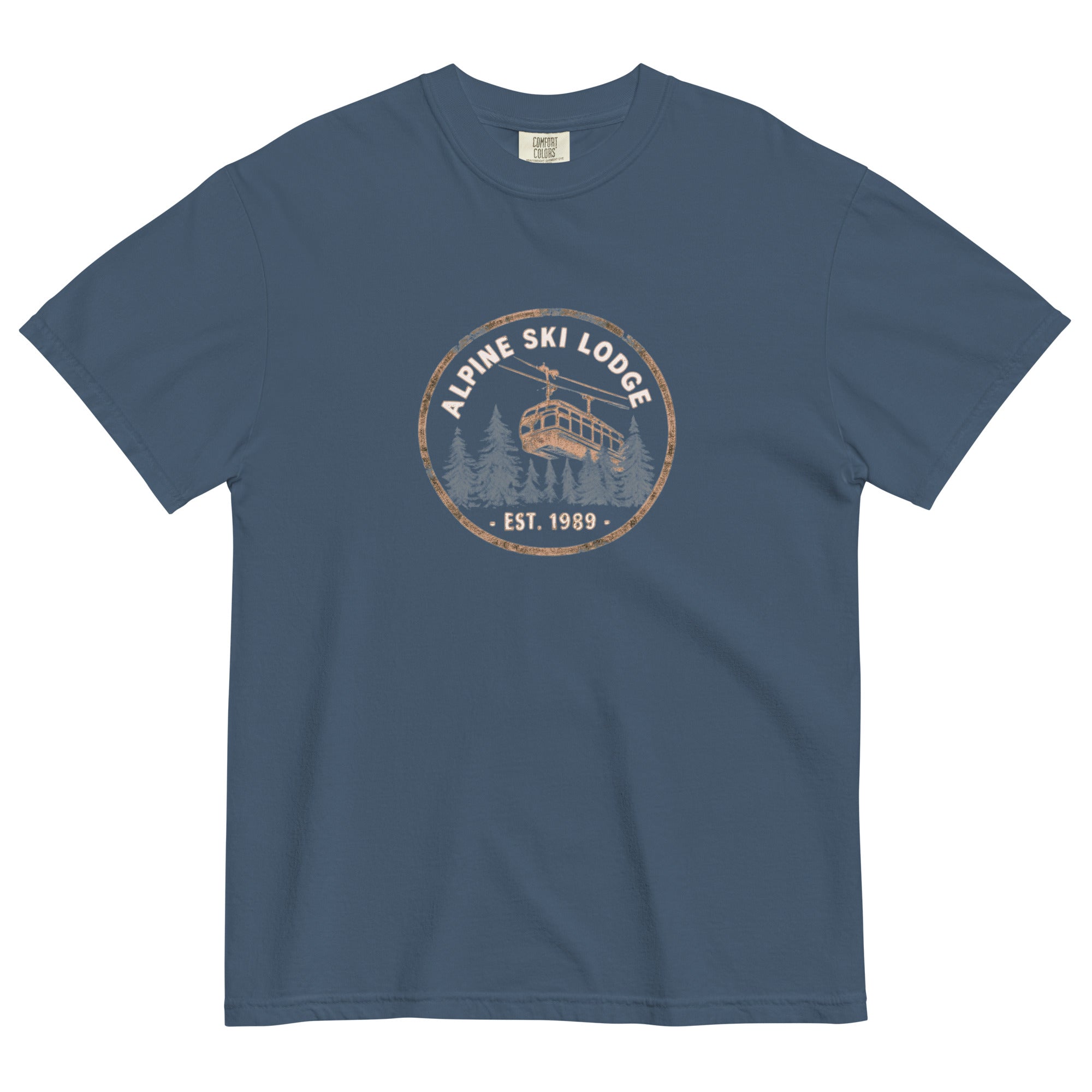 Alpine ski lodge gondola badge design on a Midnight garment-dyed cotton t-shirt