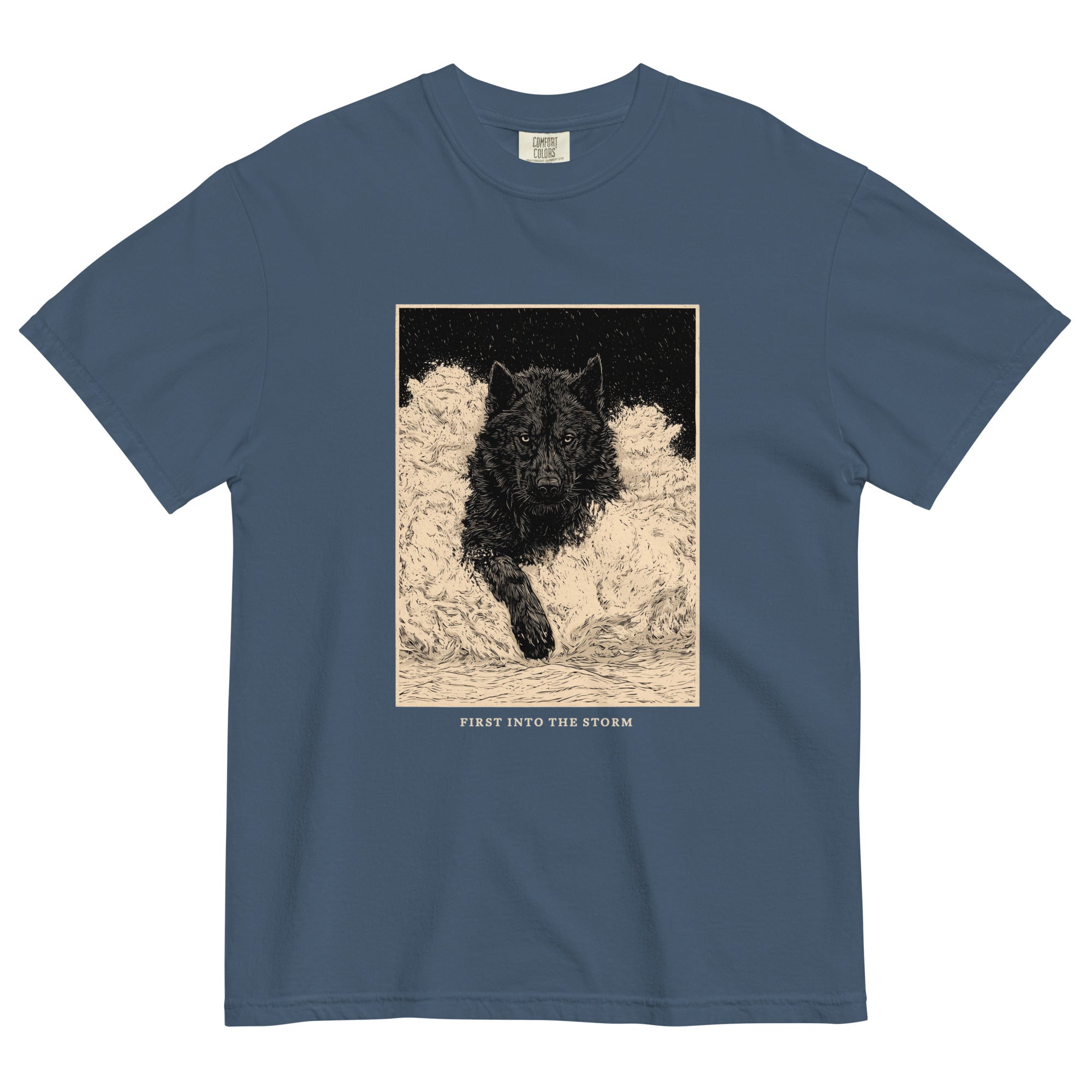 Black wolf in deep snow design on a Midnight garment-dyed cotton t-shirt