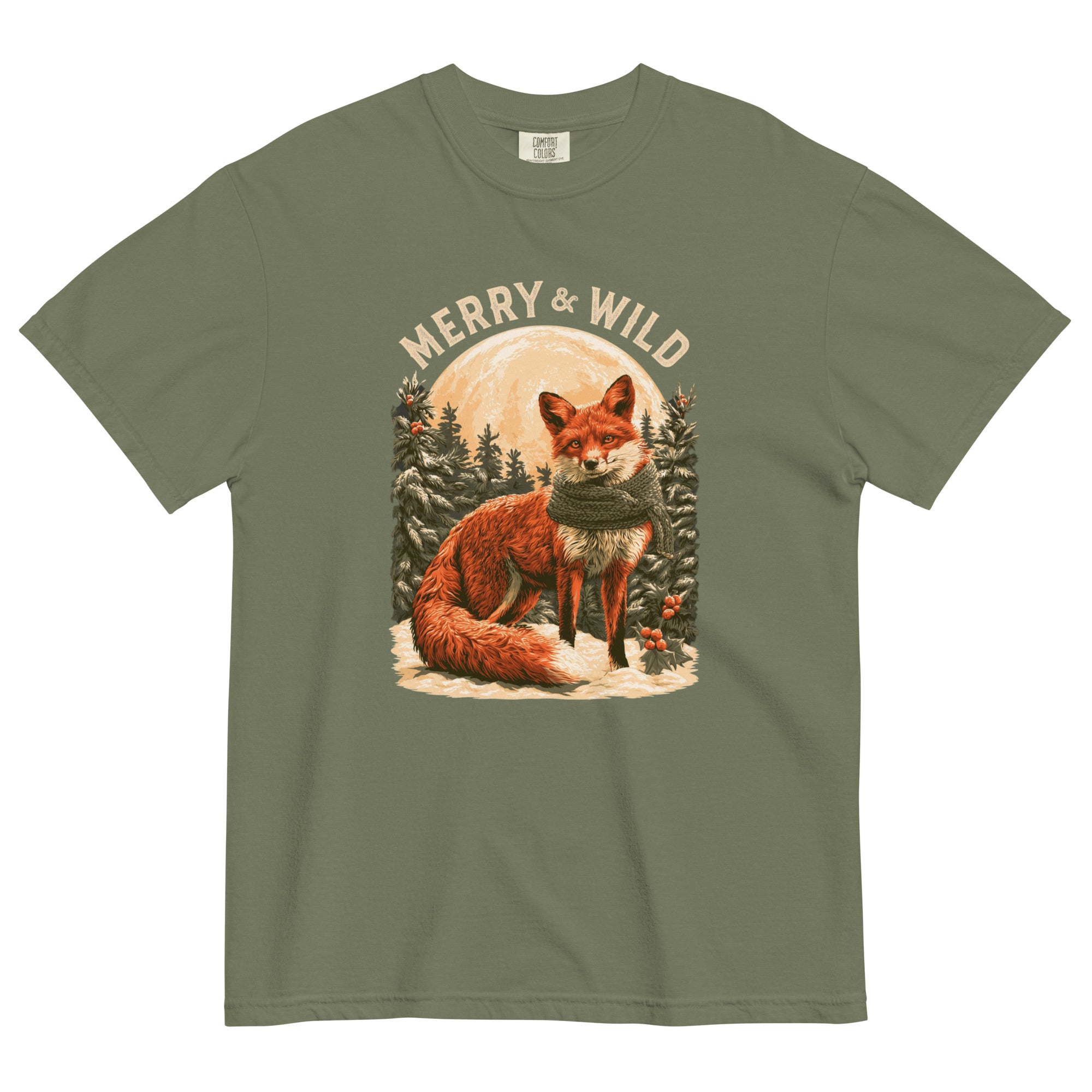 Fox in the snow Christmas design on a Moss garment-dyed cotton t-shirt