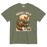 Fox in scarf Christmas design on a Moss garment-dyed cotton t-shirt