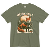 Fox in scarf Christmas design on a Moss garment-dyed cotton t-shirt