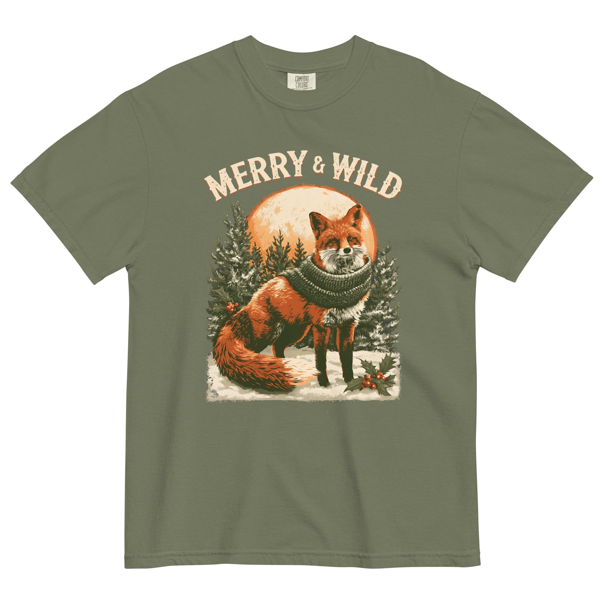 Fox in scarf Christmas design on a Moss garment-dyed cotton t-shirt