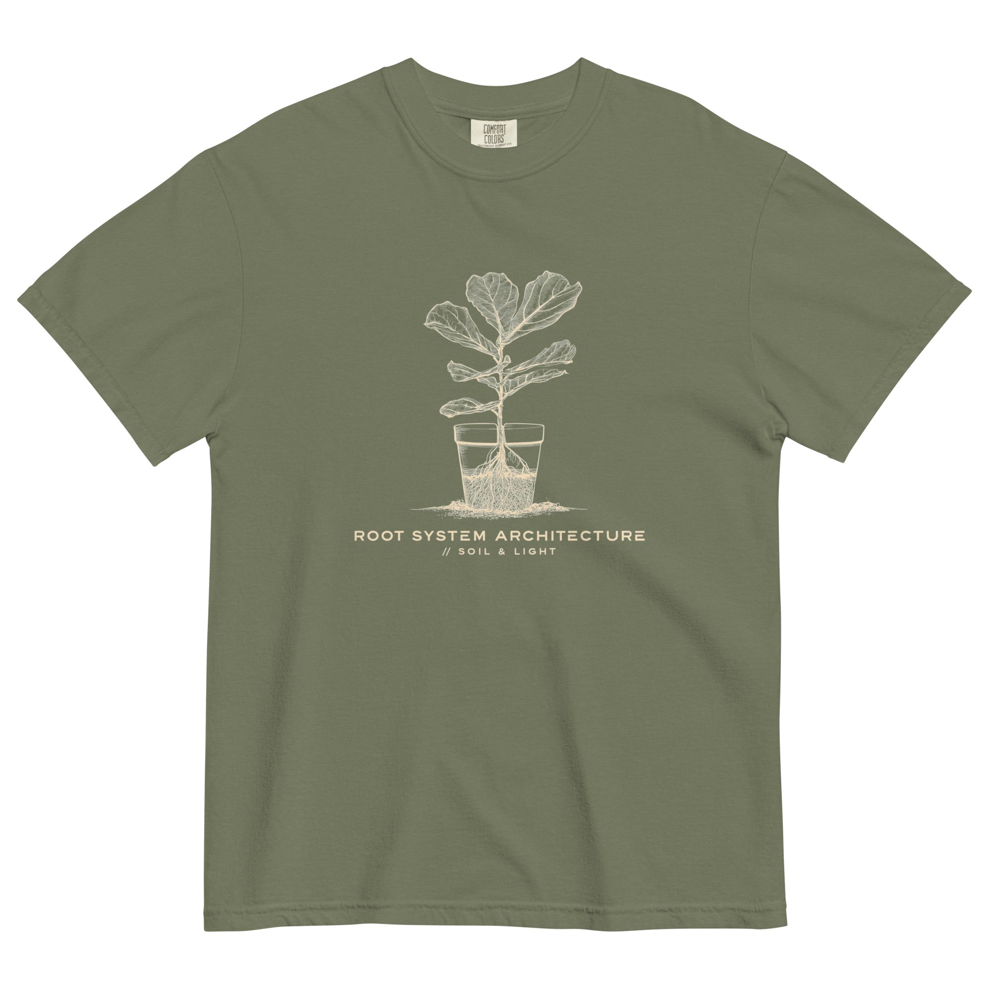 Root system architecture plant design on a Moss garment-dyed cotton t-shirt
