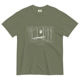 Running fox moonlit forest design on a Moss garment-dyed cotton t-shirt