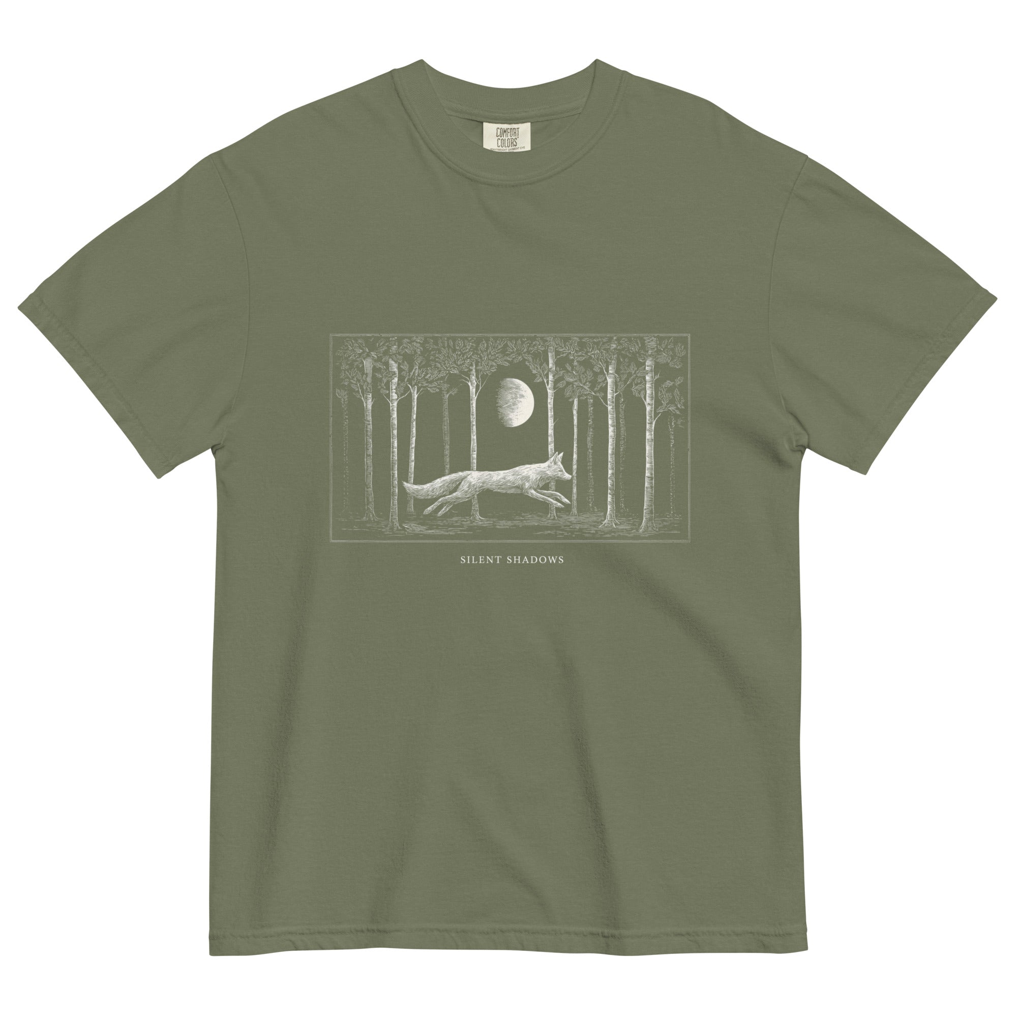 Running fox moonlit forest design on a Moss garment-dyed cotton t-shirt