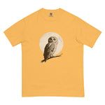 Owl and full moon design on a Mustard garment-dyed cotton t-shirt