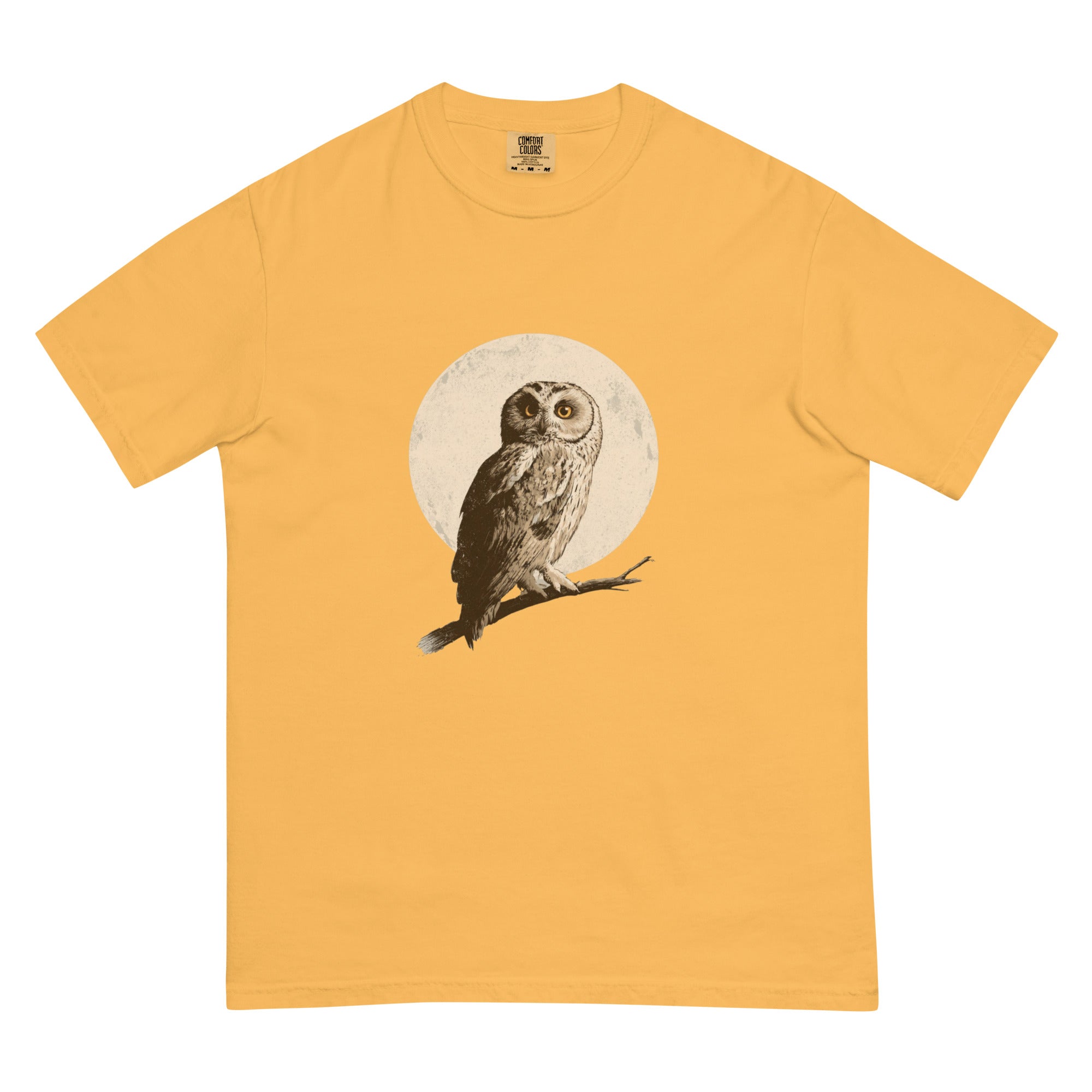 Owl and full moon design on a Mustard garment-dyed cotton t-shirt