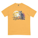 Great horned owl and autumn moon design on a Mustard garment-dyed cotton t-shirt