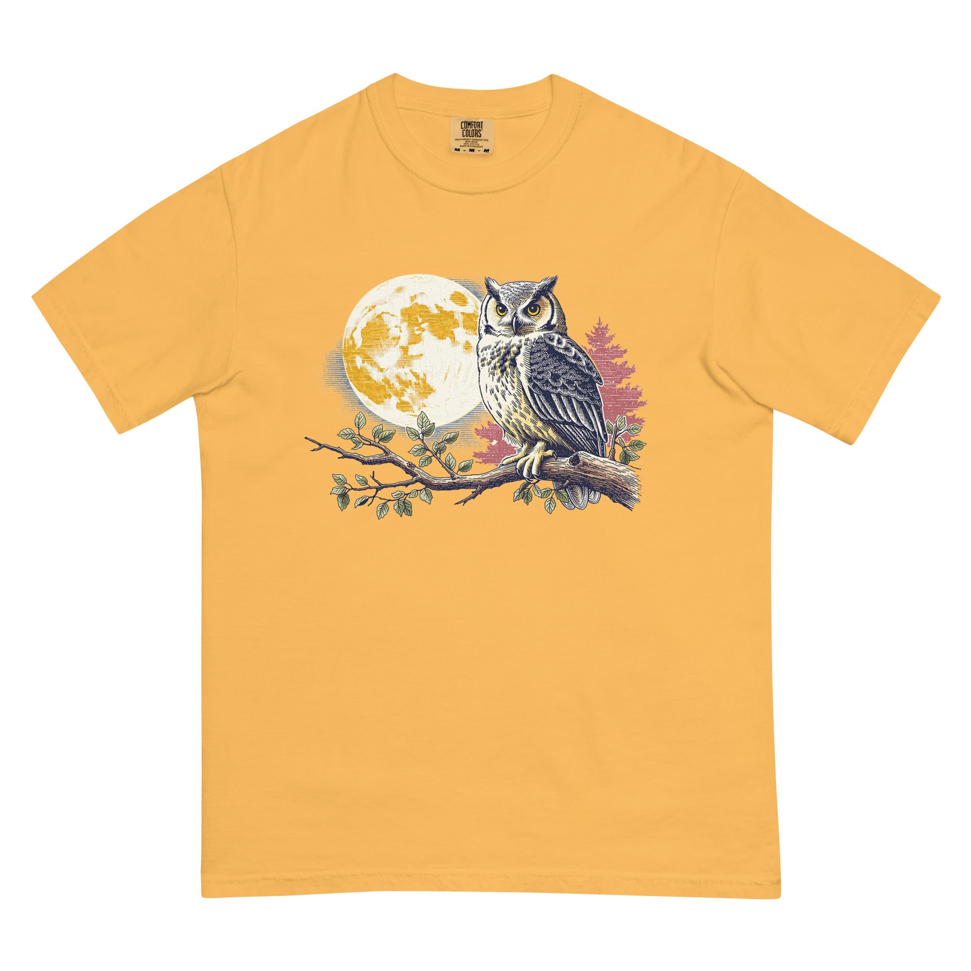 Great horned owl and autumn moon design on a Mustard garment-dyed cotton t-shirt