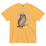 Great horned owl and moon design on a Mustard garment-dyed cotton t-shirt