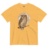Great horned owl and moon design on a Mustard garment-dyed cotton t-shirt