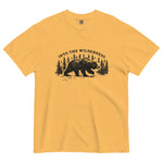Bear and pine forest wilderness design on a Mustard garment-dyed cotton t-shirt