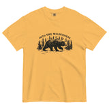 Bear and pine forest wilderness design on a Mustard garment-dyed cotton t-shirt