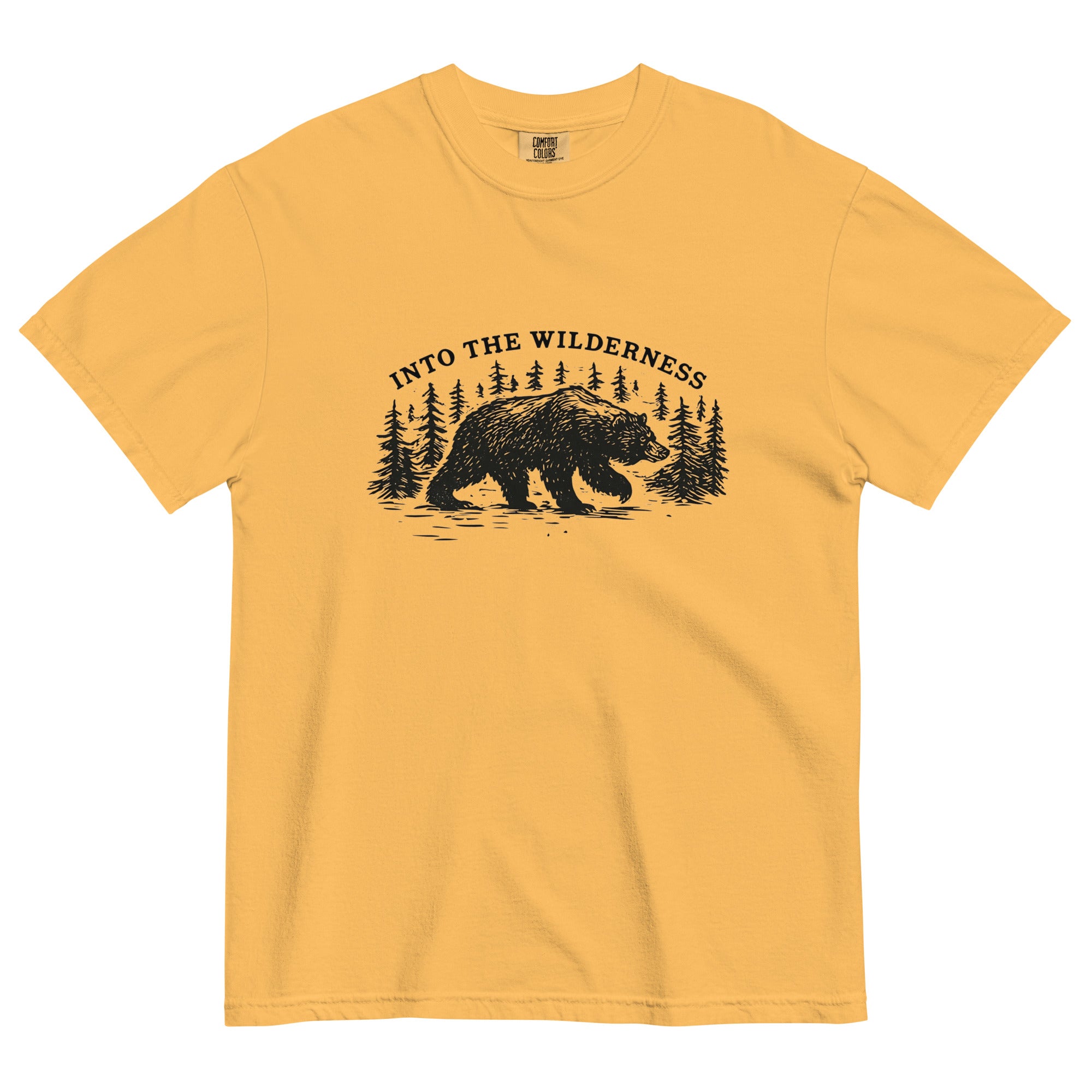 Bear and pine forest wilderness design on a Mustard garment-dyed cotton t-shirt
