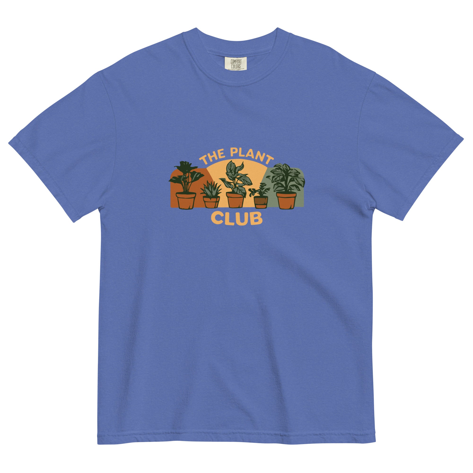 The Plant Club houseplants design on a Mystic Blue garment-dyed cotton t-shirt
