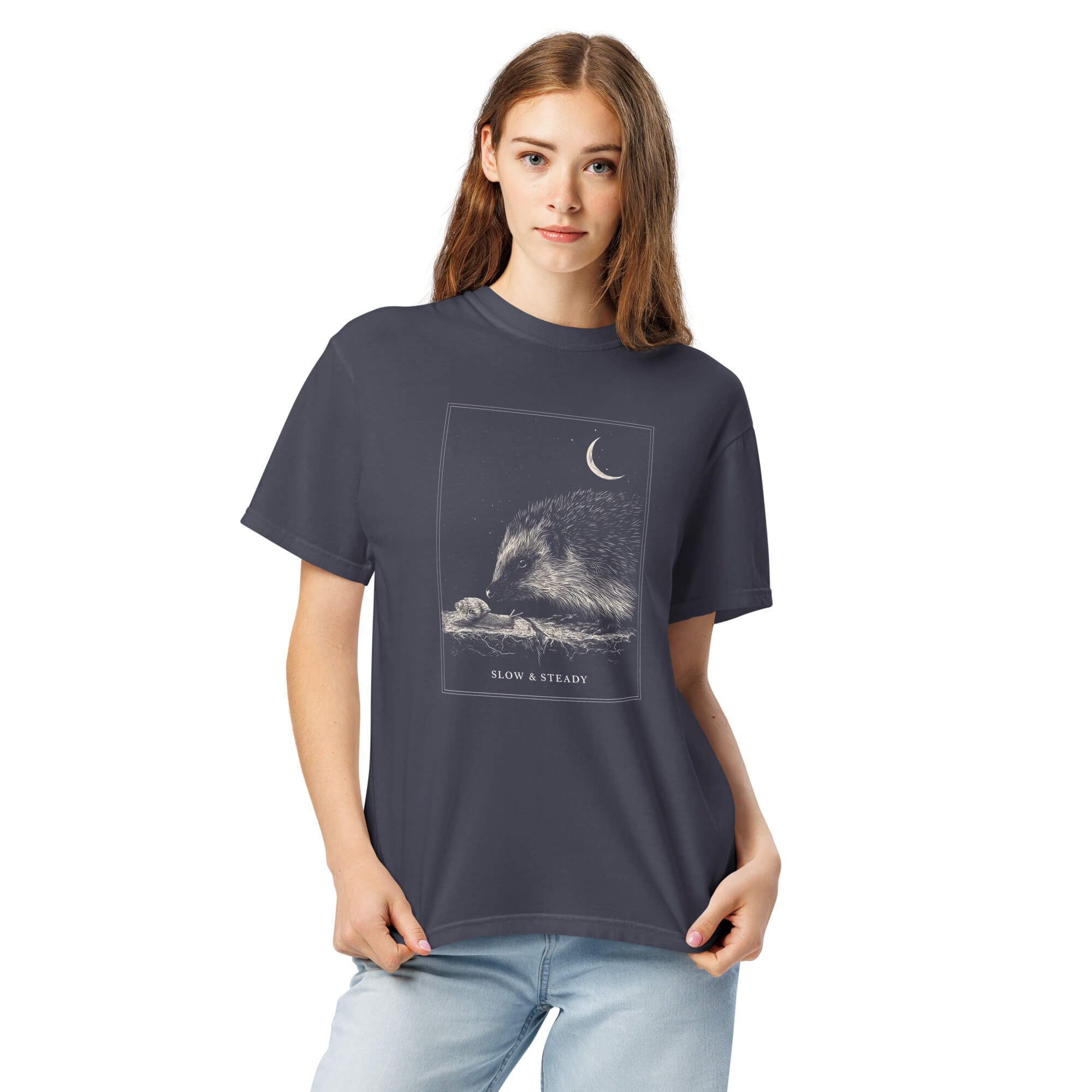 Hedgehog and snail design on a Navy garment-dyed cotton t-shirt