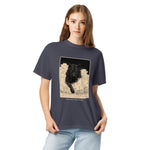 Black wolf in deep snow design on a Navy garment-dyed cotton t-shirt