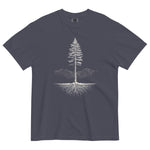Pine tree and roots design on a Navy garment-dyed cotton t-shirt