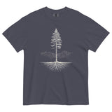 Pine tree and roots design on a Navy garment-dyed cotton t-shirt
