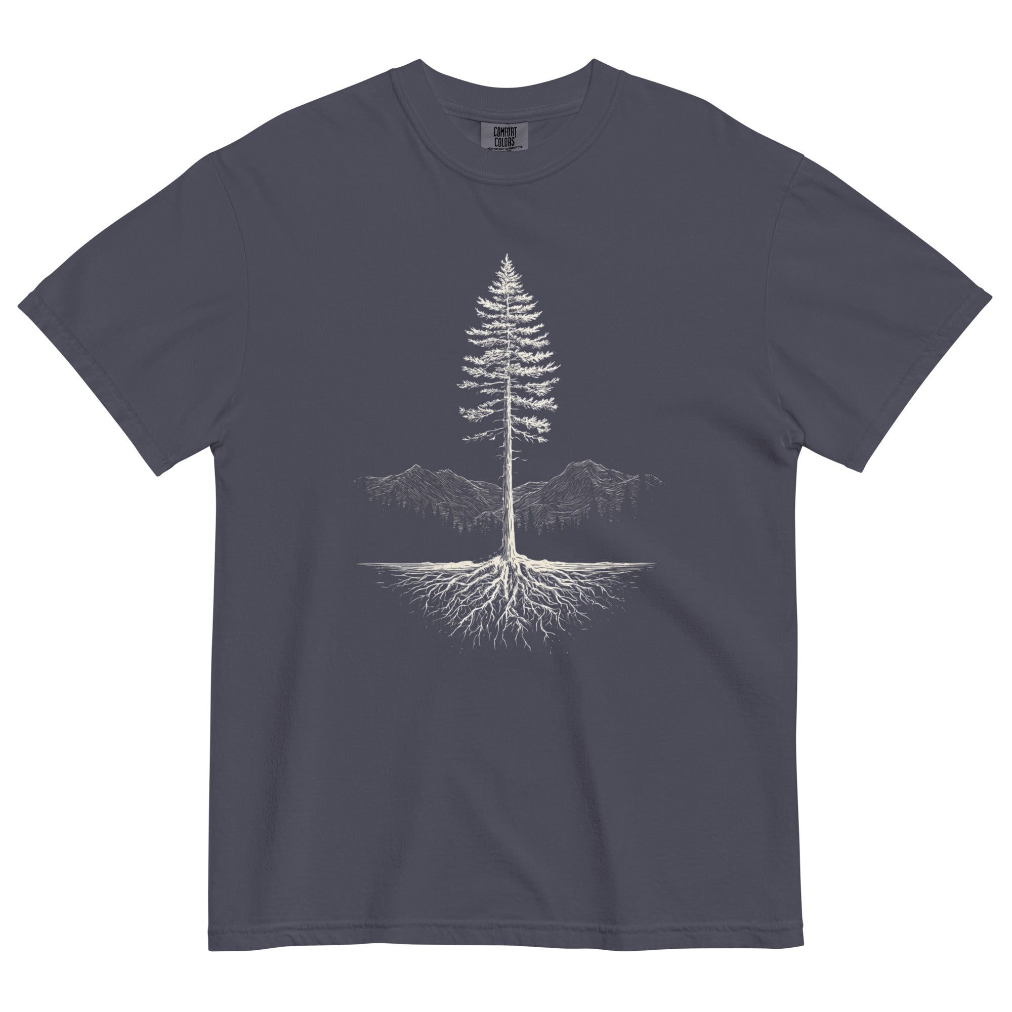 Pine tree and roots design on a Navy garment-dyed cotton t-shirt