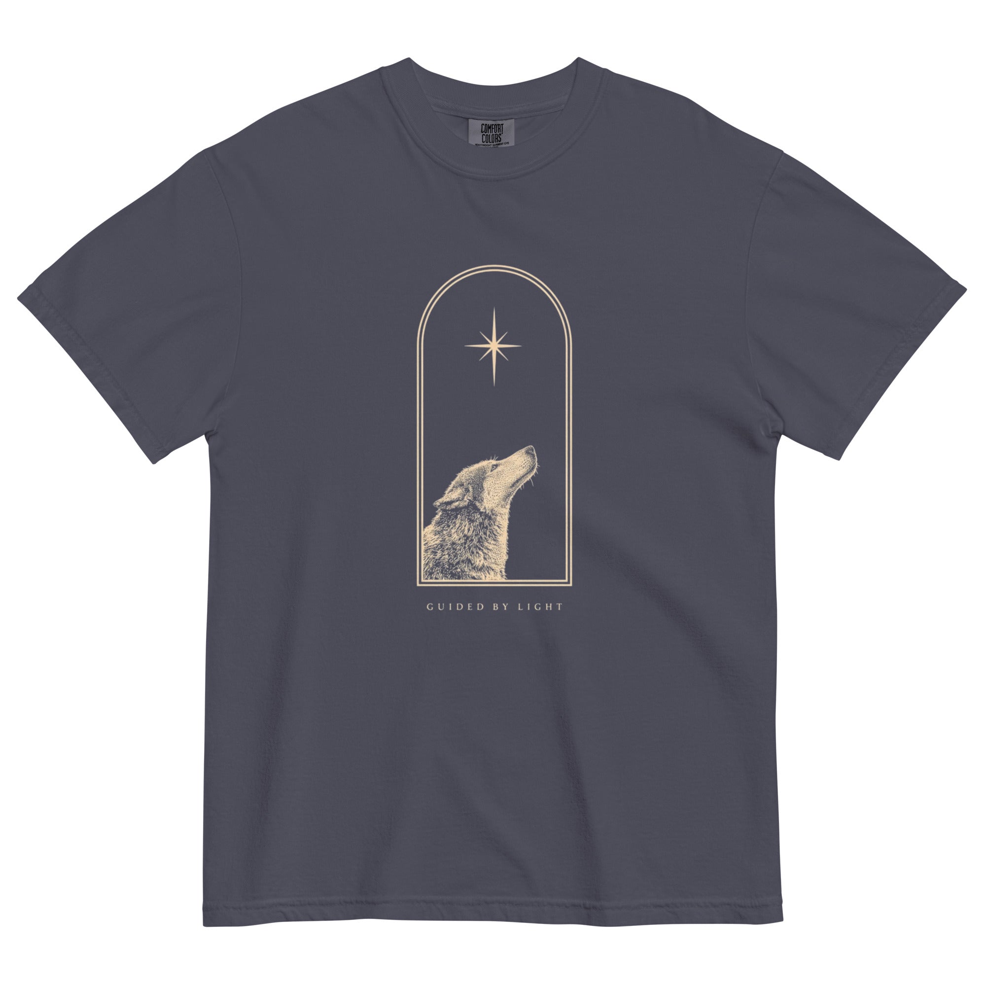 Wolf and star design on a Navy garment-dyed cotton t-shirt
