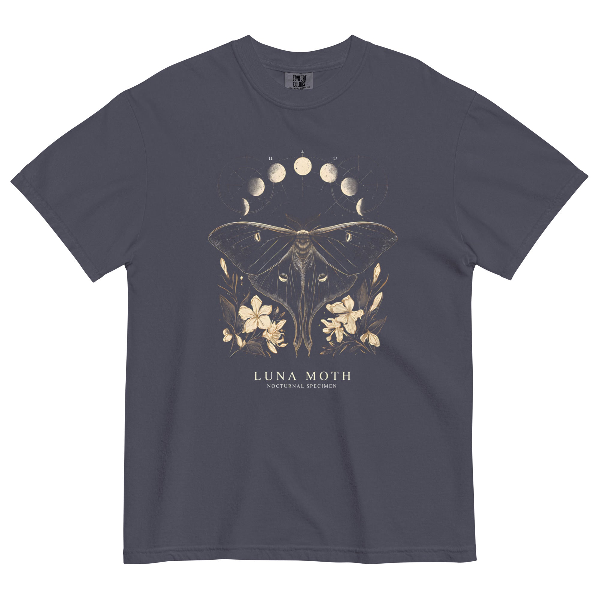 Luna moth specimen design on a Navy garment-dyed cotton t-shirt