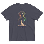 Howling wolf and aurora design on a Navy garment-dyed cotton t-shirt