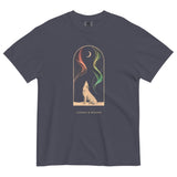 Howling wolf and aurora design on a Navy garment-dyed cotton t-shirt