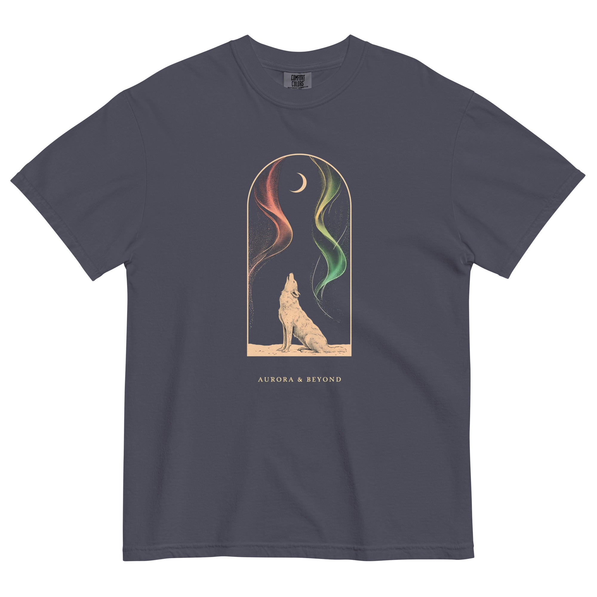 Howling wolf and aurora design on a Navy garment-dyed cotton t-shirt