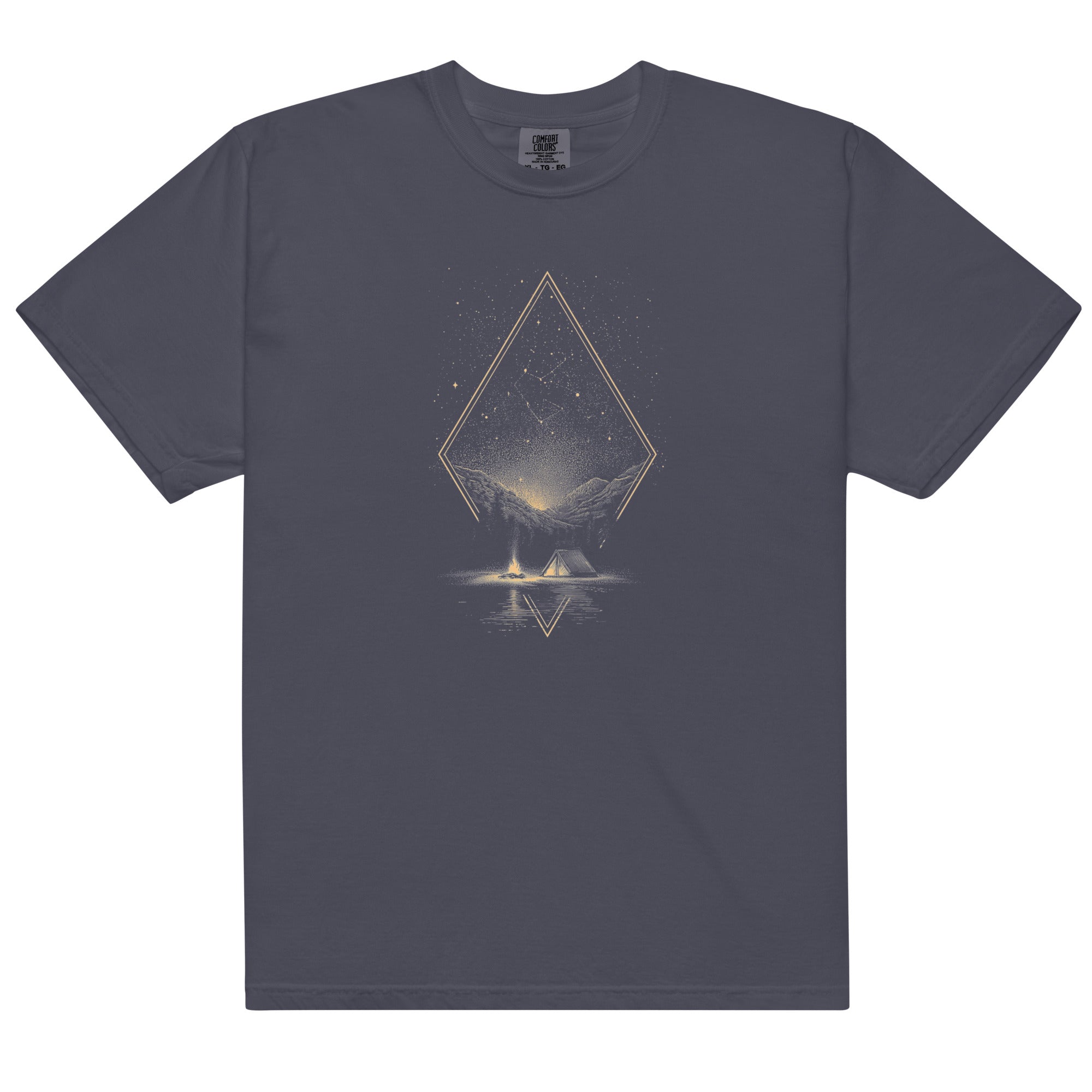 Camping under the stars design on a Navy garment-dyed cotton t-shirt