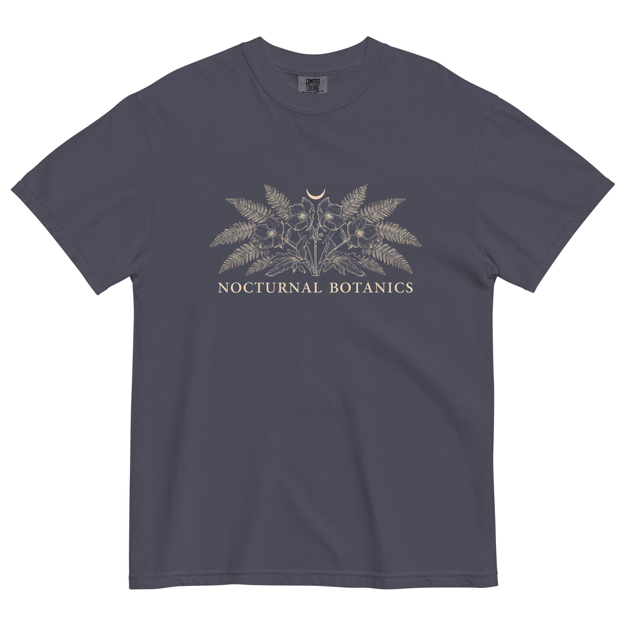 Nocturnal Botanics fern and flower design on a Navy garment-dyed cotton t-shirt