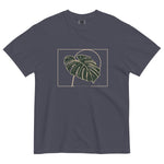 Monstera leaf design on a Navy garment-dyed cotton t-shirt