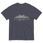 Mountain lake reflection design on a Navy garment-dyed cotton t-shirt