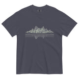Mountain lake reflection design on a Navy garment-dyed cotton t-shirt